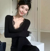 Elegant Lace & Velvet Long-Sleeve Thermal Top