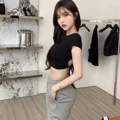 American style spicy girl style black short sleeved T-shirt women's summer backless hollow lace up sexy slim fit niche chic top