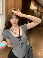 Foreign trade women's summer sweet and spicy pure desire fake two piece lace short sleeved T-shirt women's bow slim fit slimming ins top