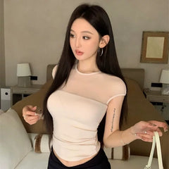 Foreign trade American style spicy girl style mesh splicing pure cotton short sleeved T-shirt for women in summer, black sexy perspective pure desire top