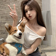 Foreign trade elastic pure cotton 2024 summer new design sense niche slanted shoulder twisted short sleeved t-shirt for women of small stature