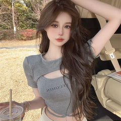 Spicy girl style hollow out strap T-shirt for women, short sleeved, American style slim fit, stunning chest design, niche short clothing