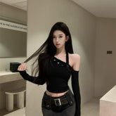 Foreign trade pure cotton pure desire style spicy girl off shoulder hanging neck base shirt, niche design, long sleeved chic unique T-shirt for women