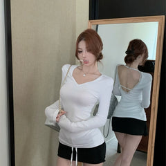 Foreign trade pure cotton backless lace patchwork long sleeved T-shirt for women in spring and autumn, thin fit, skin friendly, pure desire style base shirt