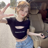 Spicy girl style black short sleeved T-shirt, women's summer American slim fit, hollow out strap, short style, chest revealing design, exposed navel top