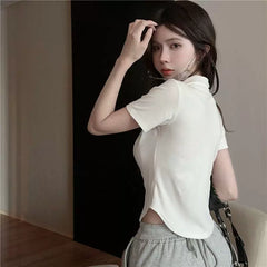 Pure desire style white U-neck short sleeved T-shirt for women, slim fit and waist cinching, spicy girl, slimming design sense, short style, elegant clothes