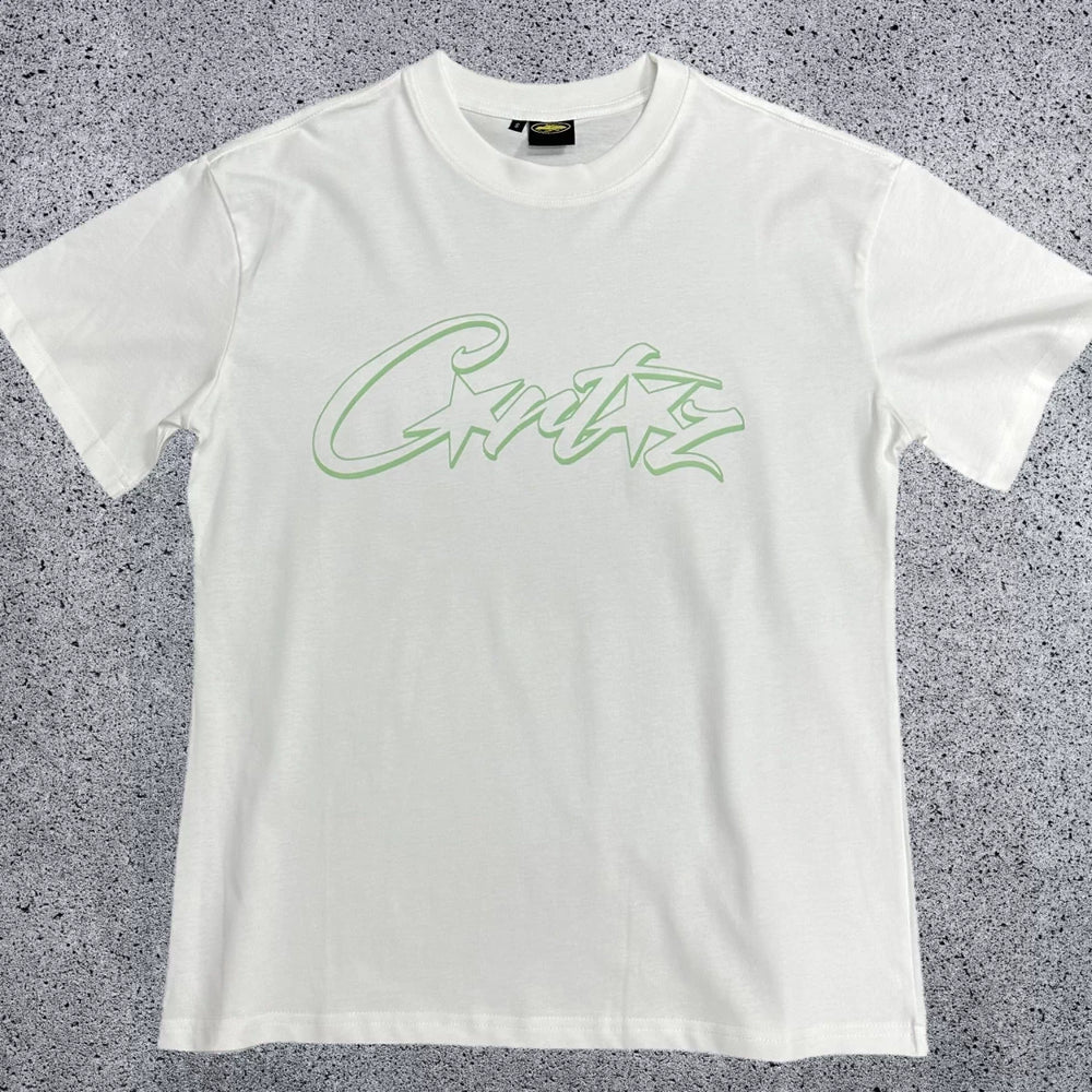 Mint Green Accent Star-Logo Graphic Tee - White & Green Streetwear T-Shirt