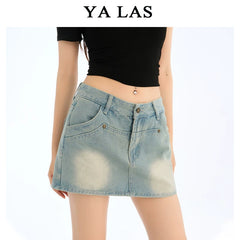 Washed blue denim skirt and pants for women in the summer of 2025, short and slim, versatile design, A-line short skirt