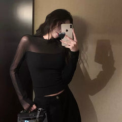 Sexy mesh patchwork half high neck long sleeved t-shirt for women in spring and autumn, slim fit and slimming short style, ins top, spicy girl style