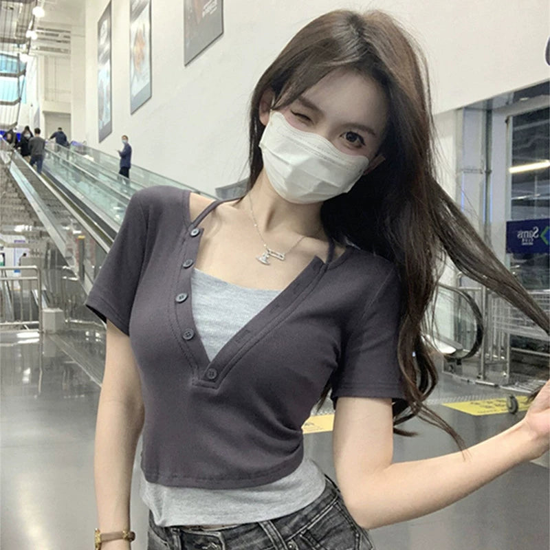 Foreign trade tail goods elastic thread pure cotton high waist short T-shirt women's summer new item fake two-piece short sleeved shoulder top