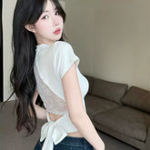 Foreign trade back hollow lace short sleeved T-shirt for women in summer, pure desire, spicy girl, sexy backless short top, unique
