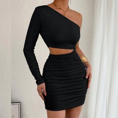 2026 Cross border Foreign Trade New Women's Clothing Autumn European and American Fashion Spicy Girl Slant Shoulder Hollow Tailored Hip Wrapping Sexy Dress