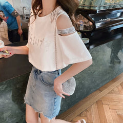 Foreign trade white short sleeved t-shirt women's summer outfit new Japanese off shoulder cute student loose design top ins trend