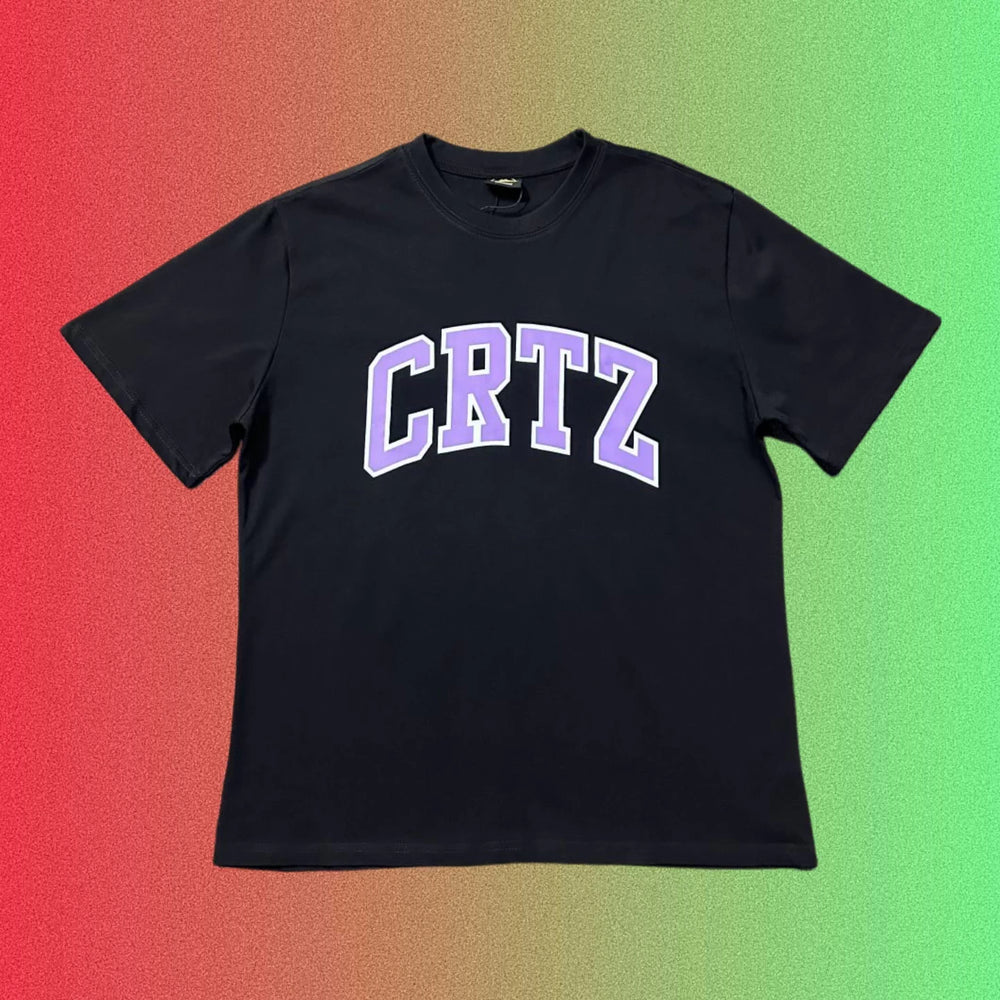 Cortiez Arch Logo Purple Typography Black T-Shirt