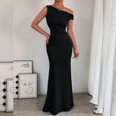 2026 European and American Cross border Women's Fishtail Skirt Amazon Hot Item Slant Shoulder Collar Waist Wrinkled Sleeveless Sexy Dress