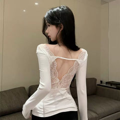 V-neck lace backless long sleeved T-shirt for women in spring and autumn, thin style, pure cotton, black, slim fit design, base top