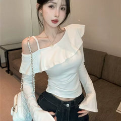 Pure desire style long sleeved t-shirt for women with split flared sleeves, spicy girl with slanted collar and ruffled edges, ins off shoulder top, pure cotton base shirt