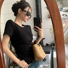 Foreign trade leftover French sweet and spicy girl cross backless design, niche style short sleeved t-shirt, women's summer chic top