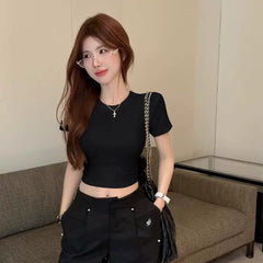 外贸纯欲风黑色修身短袖T恤女夏后背镂空抽绳露背性感甜辣妹上衣