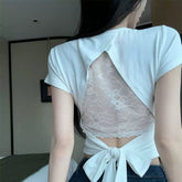 Pure Desire Wind White Lace Splicing Short sleeved T-shirt for Women in Summer, backless, hollowed out bow tie design, and a sense of design top