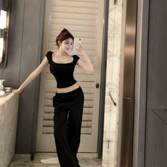 Sexy lace pure cotton short sleeved T-shirt women's summer black fashionable U-neck backless slim fit mesh pure desire style short top