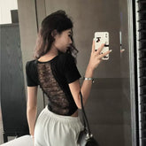 Foreign trade black backless lace short sleeved T-shirt for women in summer, slim fit and sexy design, spicy girl temperament, waist pinching top