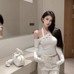 Foreign trade pure cotton pure desire style spicy girl off shoulder hanging neck base shirt, niche design, long sleeved chic unique T-shirt for women