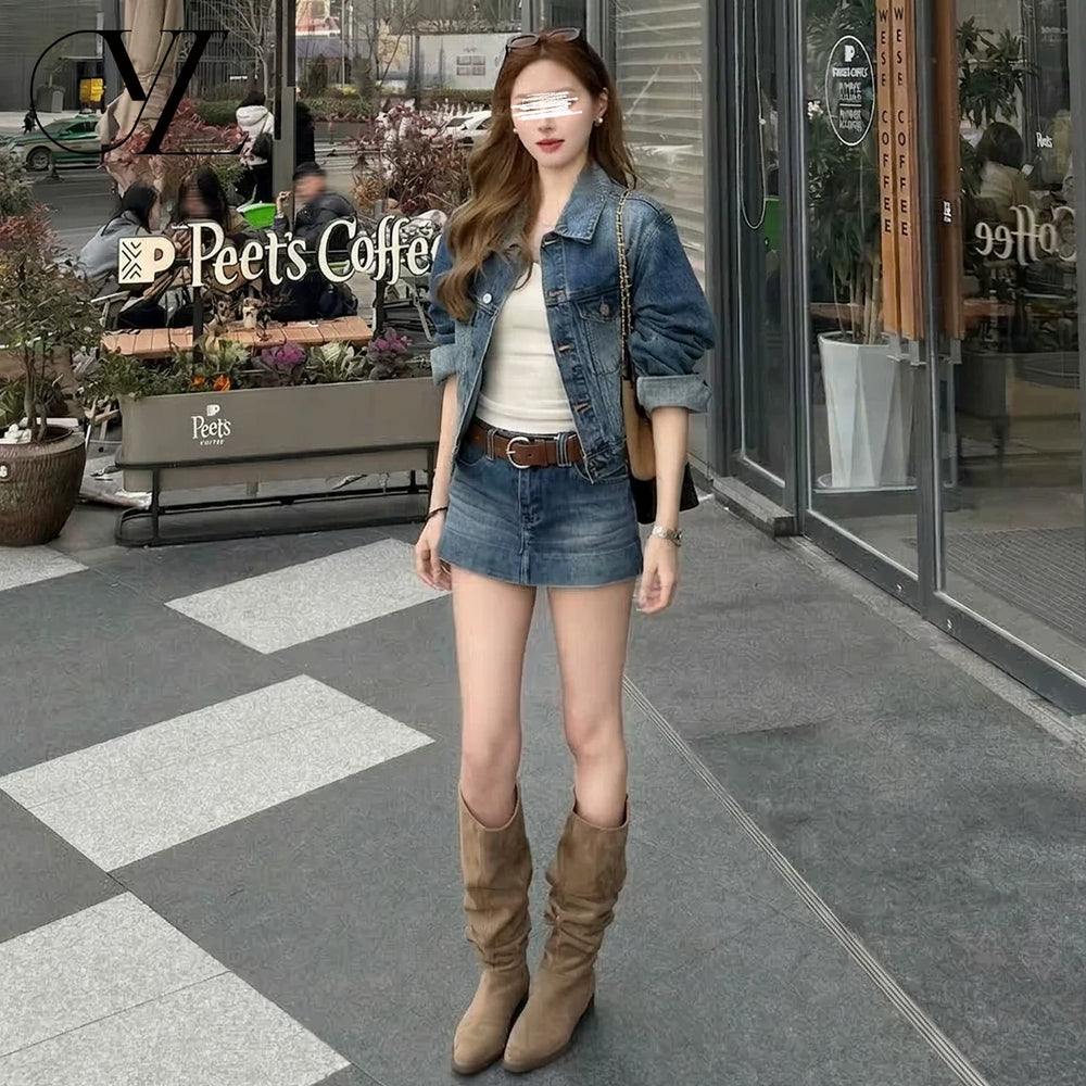 American retro blue denim skirt and pants for women, 2026 spring/summer new low rise slim fit and versatile spicy girl short skirt