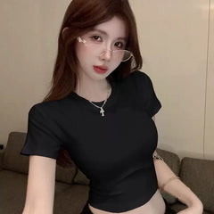 外贸纯欲风黑色修身短袖T恤女夏后背镂空抽绳露背性感甜辣妹上衣