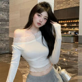 Pure desire spicy girl sexy one shoulder top, women's autumn and winter design sense, slanted shoulder long sleeved T-shirt, lace base shirt, inner layer