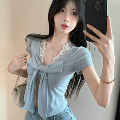 Foreign trade sexy spicy girl style V-neck lace bow short sleeved t-shirt for women's summer slim fit design short top