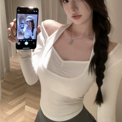 Foreign Trade Pure Desire Hot Girl Off Shoulder Fake Two High Impact Crater Strip T-shirt for Women Spring and Autumn Hanging Neck Wrinkle Short Ins Top