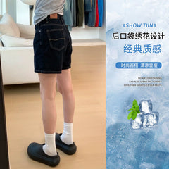 Deep blue high waisted five quarter denim shorts for women, 2026 summer new retro loose slimming A-line straight leg shorts