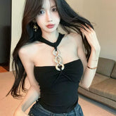 Black halter top with camisole, women's summer outerwear design, niche, pure desire, sexy, tight fitting, short, light mature style top