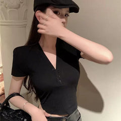 Sweet and spicy Korean black V-neck short sleeved T-shirt for women in summer, slim fit and versatile, button decoration solid color top