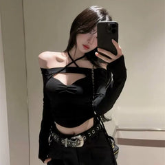 Pure cotton one shoulder hollowed out lace up long sleeved T-shirt for women in spring and autumn, thin design, pure desire, spicy girl, sexy slim fit short top