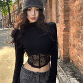 Sexy spicy girl lace patchwork fishbone hourglass waist long sleeved T-shirt for women in spring and autumn, slim fit and slimming design, thin top