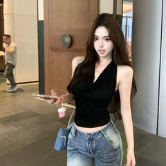 Spicy girl style V-neck halter top, women's lace patchwork backless slim fit, outerwear top, base T-shirt