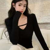 Foreign trade shoulder pad Korean version with a sense of new women's black spring and autumn V-neck elastic slimming top, spicy girl long sleeved T-shirt