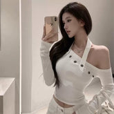 Irregular Shoulder Hanging Neck Long Sleeve T-shirt for Women in Spring and Autumn, American style Spicy Girl, Sexy Off Shoulder Top, Undercover