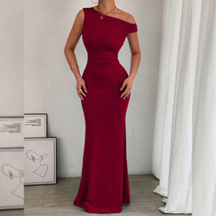 2026 European and American Cross border Women's Fishtail Skirt Amazon Hot Item Slant Shoulder Collar Waist Wrinkled Sleeveless Sexy Dress