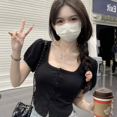 Foreign trade clearance, daily orders, leftover goods, short sleeved T-shirts for women, sweet and slim fit, square neck, bubble sleeves, cardigan tops for summer