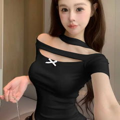 Foreign trade one shoulder hollow short sleeved T-shirt for women in summer, slim fit and slimming, butterfly bow design, pure desire spicy girl top