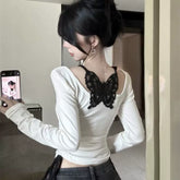 Foreign trade pure cotton pure desire style fake two-piece hanging neck, backless butterfly lace, niche design, long sleeved T-shirt, women's base