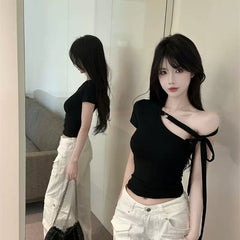 Foreign Trade 2026 New Sexy Slant Shoulder Short sleeved T-shirt for Women's Summer Design with Strap, Slim Fit, Spicy Girl Cotton Top