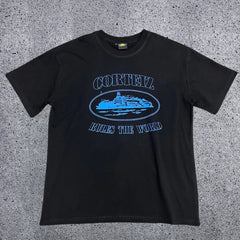 Corteiz "Rules The World" Alcatraz Graphic Tee (Black & Royal Blue Edition)