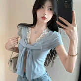 Foreign Trade Spicy Girl V-neck Lace Lace Splicing Short Sleeve T-shirt with Female Bow Hollow Design, Unique Pure Cotton Top