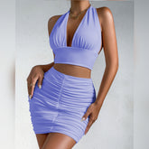 2026 Amazon Women's Neck Strap Two Piece Set, European and American Sexy Umbilical Fold V-neck Strap Skirt