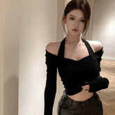Foreign Trade Pure Desire Hot Girl Off Shoulder Fake Two High Impact Crater Strip T-shirt for Women Spring and Autumn Hanging Neck Wrinkle Short Ins Top