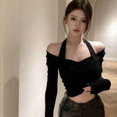 Foreign Trade Pure Desire Hot Girl Off Shoulder Fake Two High Impact Crater Strip T-shirt for Women Spring and Autumn Hanging Neck Wrinkle Short Ins Top